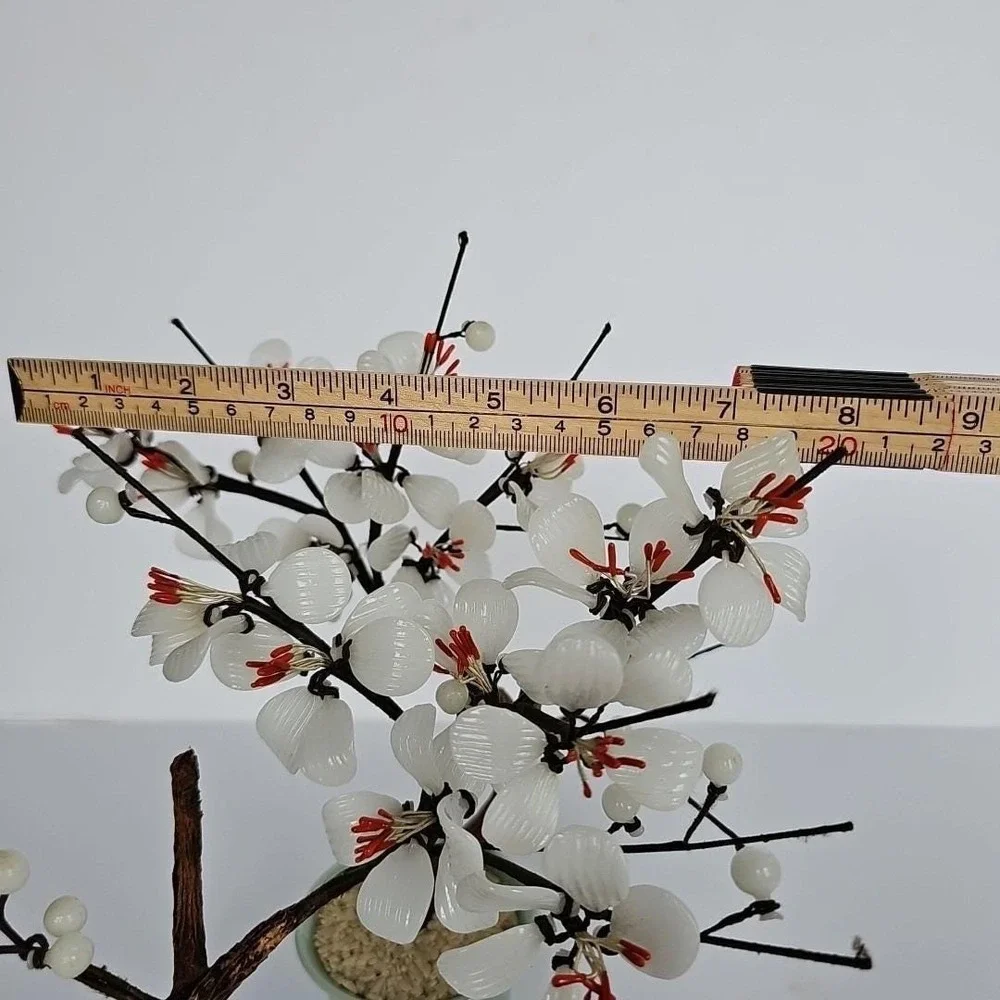 Vintage Chinese Glass Bonsai Tree Pair White Plum Blossom Celadon‎ Pot Decor